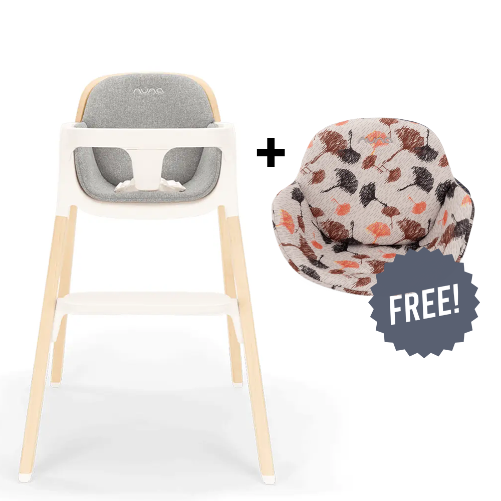 Nuna Bryn Baby High Chair with FREE Ginkgo Bryn Seat Pad – Premium Walnut & Maple Wood High Chair, Removable Seat Pad & Child Tray, Tool-Free Assembly (6M+, Up to 100 Kg)