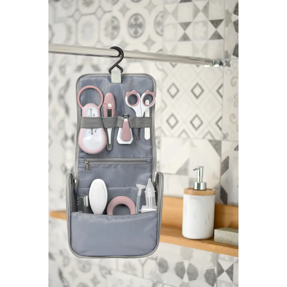 Beaba 9 Baby Toiletry & Grooming Essentials, Includes Thermometer, Hairbrush, Nail Clippers, Nasal Aspirator, Gum Massaging Toothbrush, Teether Baby Scissors, Bath Thermometer, Nail File, and Multi-Compartment Travel Pouch