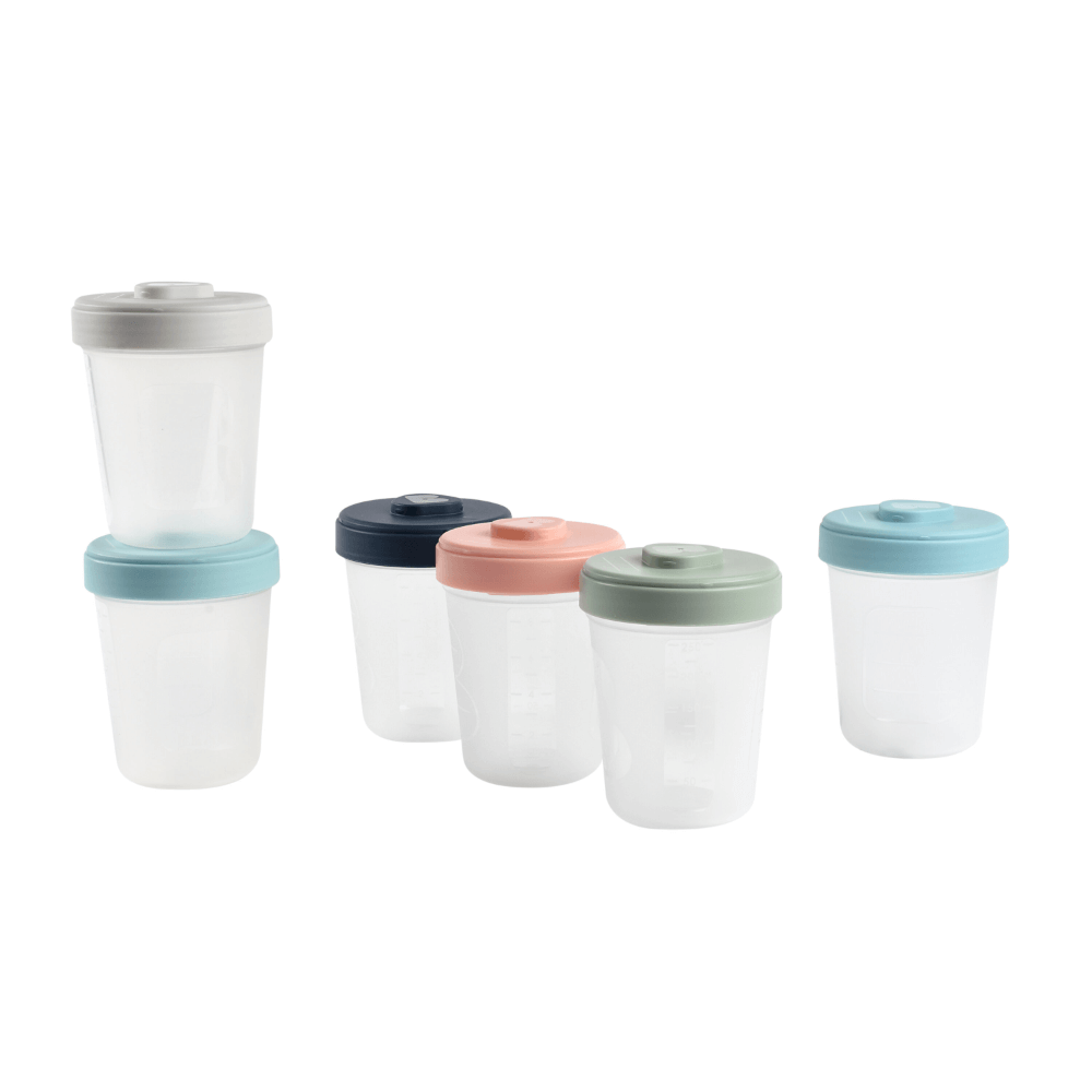 Beaba Food Storage Set - Airtight Interlocking Stackable Containers for Baby & Toddler Meals with Graduation Scale, Leakproof, Microwave & Freezer Safe, Travel Friendly, 250ML, Set of 6, Multicolor