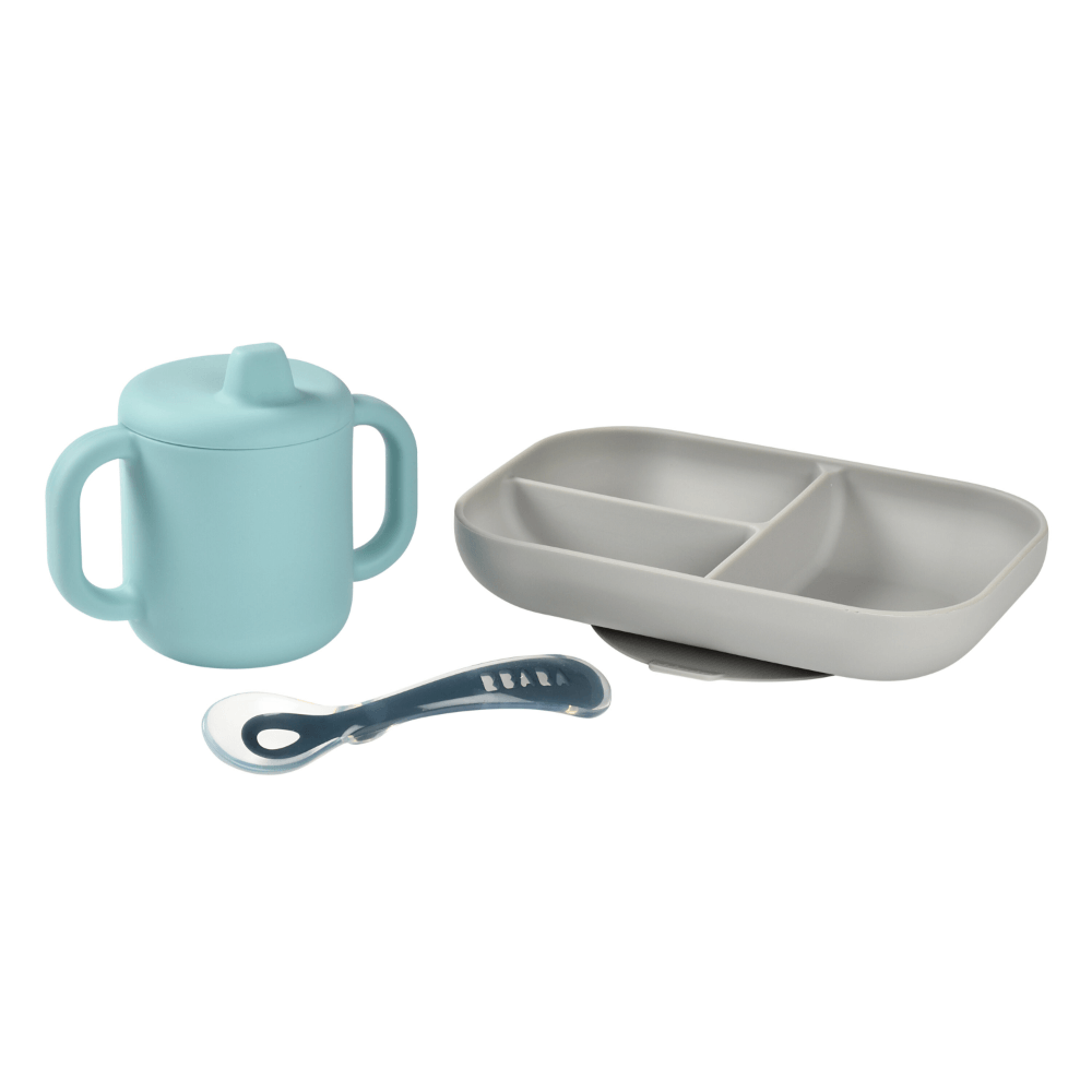Beaba Silicone 3 Piece Learning Set – Suction Divided Plate, Silicone Learning Cup & 2nd Stage Spoon, Non-Slip, Unbreakable, Easy to Clean, BPA-Free Baby Feeding Set for Mess-Free Mealtime Essentials, 4M+