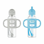 Dr. Brown's 8 oz/250 mL Narrow Sippy Straw Bottles w/ Silicone Handles, Gray & Blue, 2-Pack