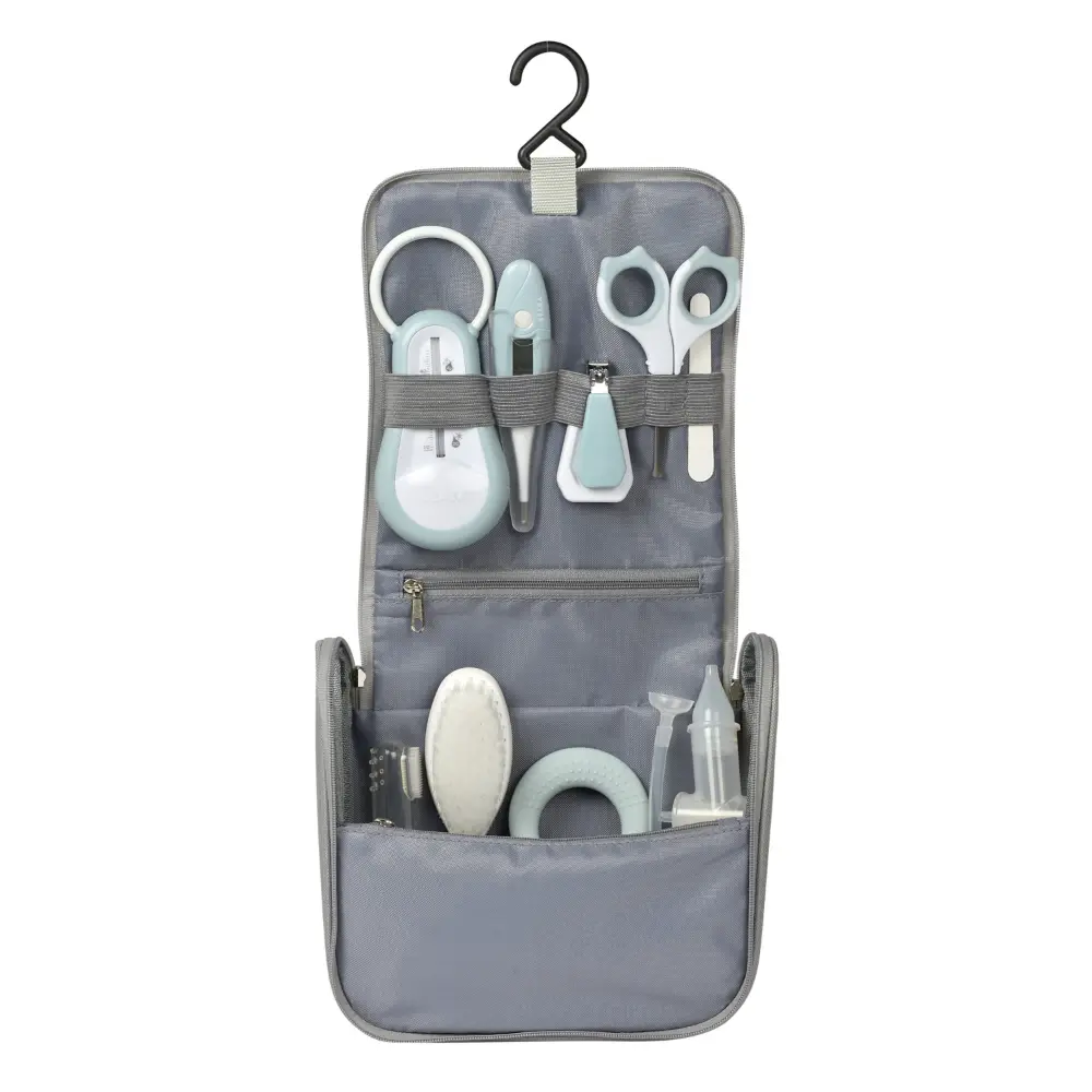 Beaba 9 Baby Toiletry & Grooming Essentials, Includes Thermometer, Hairbrush, Nail Clippers, Nasal Aspirator, Gum Massaging Toothbrush, Teether Baby Scissors, Bath Thermometer, Nail File, and Multi-Compartment Travel Pouch