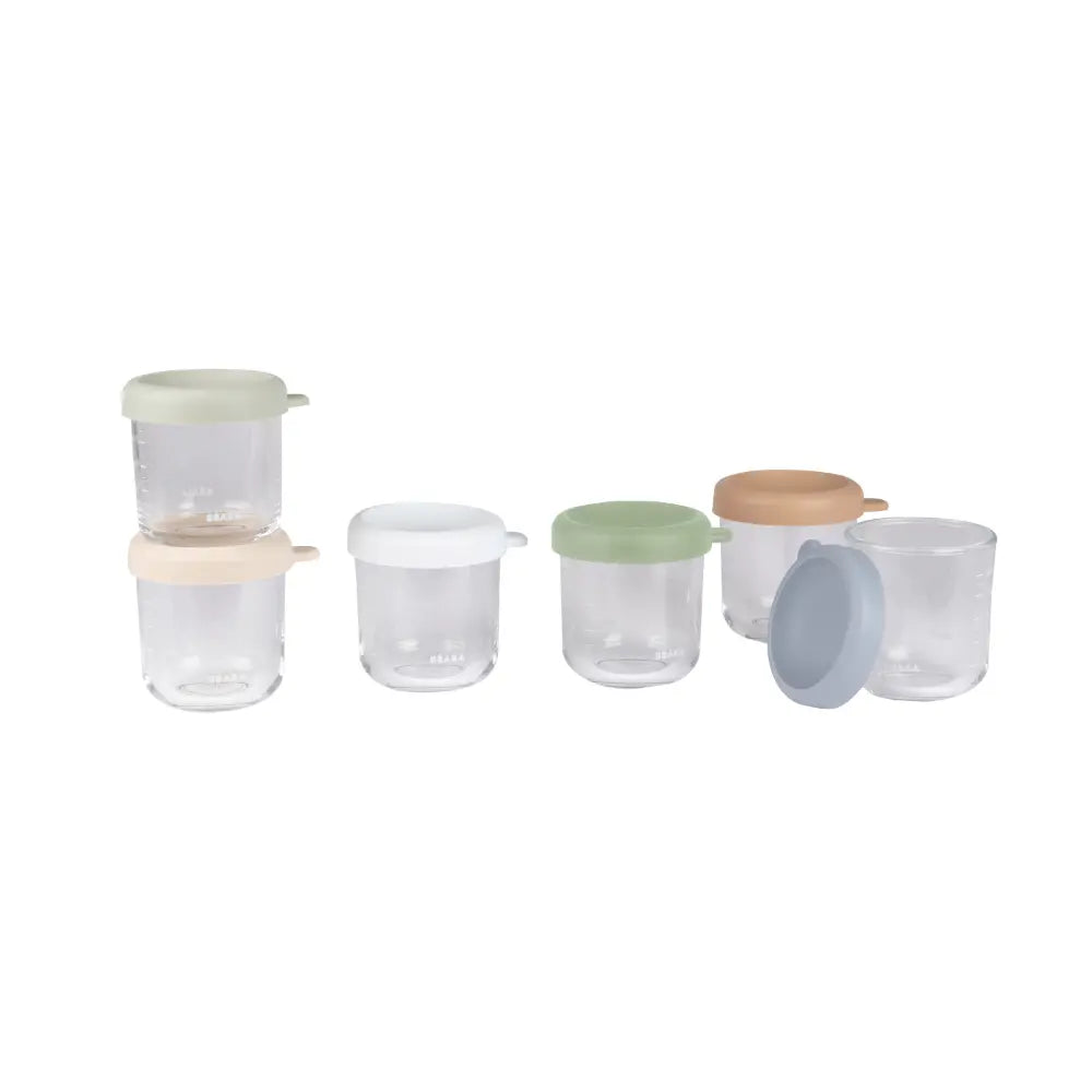 Beaba Glass Storage Container - Ideal Airtight Container for Storing Baby Snacks and Meals with Graduation Measuring Scale, Heat, Freeze, Sterilization, and Microwave Safe, 250ML, Set of 6