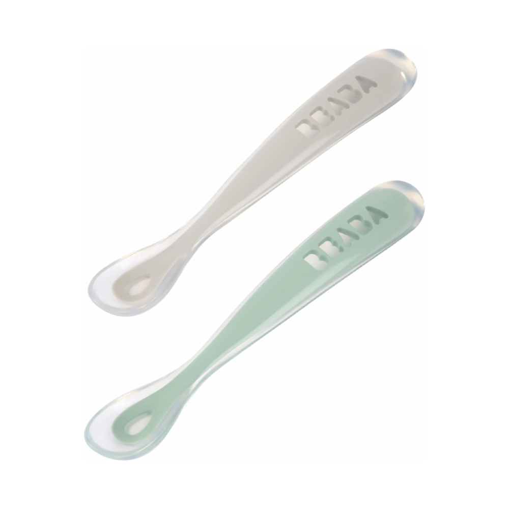Beaba 1st Stage Silicone Spoon - Set of 2, Baby Led Weaning Self Feeding Training Spoon with Ultra Soft Tip, Gum Friendly, Ergonomic Handles, BPA Free, 4m+