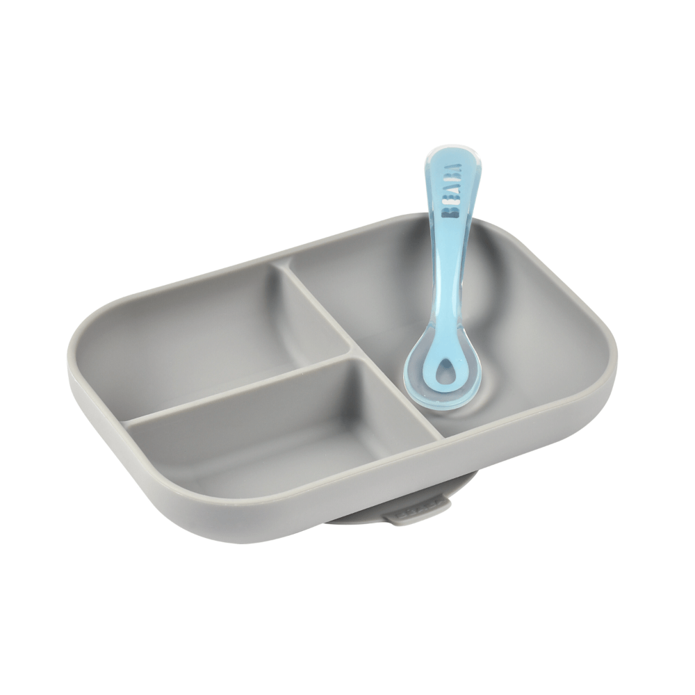 Beaba Silicone 2 Piece Meal Set – Suction Divided Plate & 2nd Stage Silicone Spoon, Non-Slip, Unbreakable, Easy to Clean, BPA-Free Baby Feeding Set for Mess-Free Mealtime Essentials, 4M+