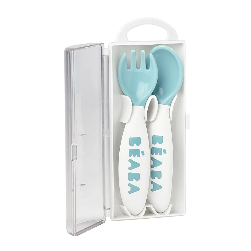 Beaba 2nd Stage Spoon and Fork Set - Baby Led Weaning Self Feeding Training Spoon and Fork with Ultra Soft Tip, Gum Friendly, Ergonomic Handles, BPA Free, 8m+