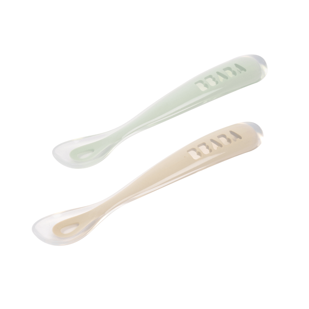 Beaba 1st Stage Silicone Spoon - Set of 2, Baby Led Weaning Self Feeding Training Spoon with Ultra Soft Tip, Gum Friendly, Ergonomic Handles, BPA Free, 4m+