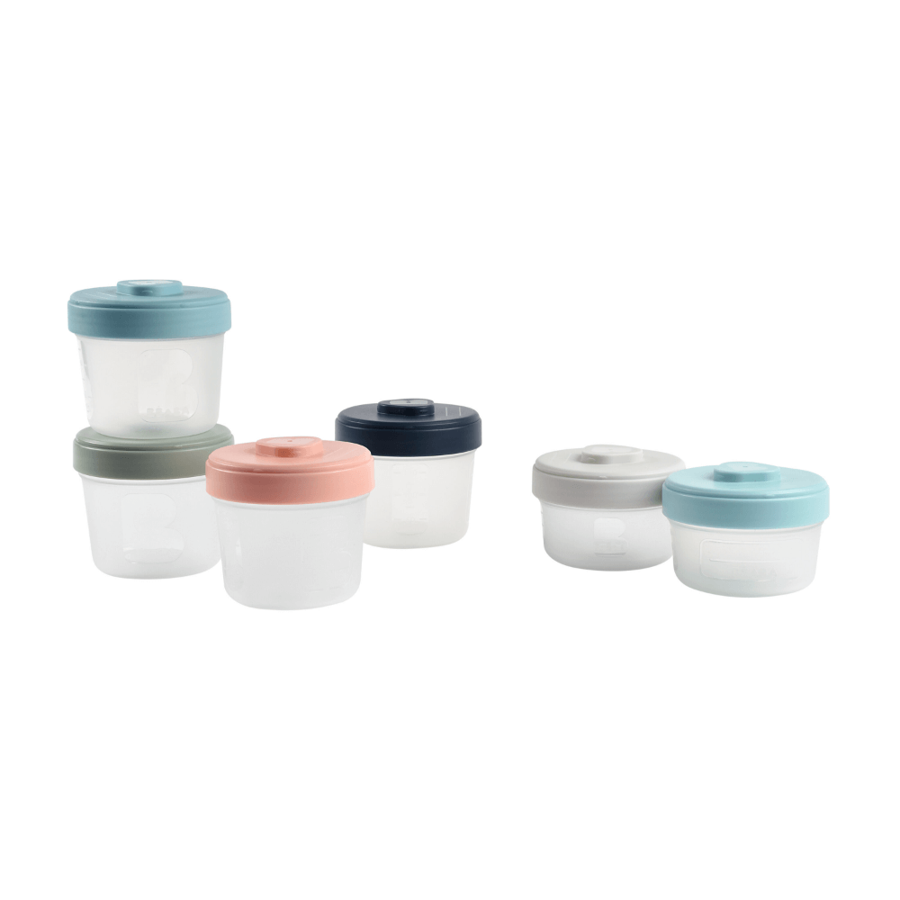 Beaba Starter Food Storage Set - Airtight Interlocking Stackable Containers for Baby & Toddler Meals with Graduation Scale, Leakproof, Microwave & Freezer Safe, Set of 6 (2x90ML & 4x150ML), Multicolor