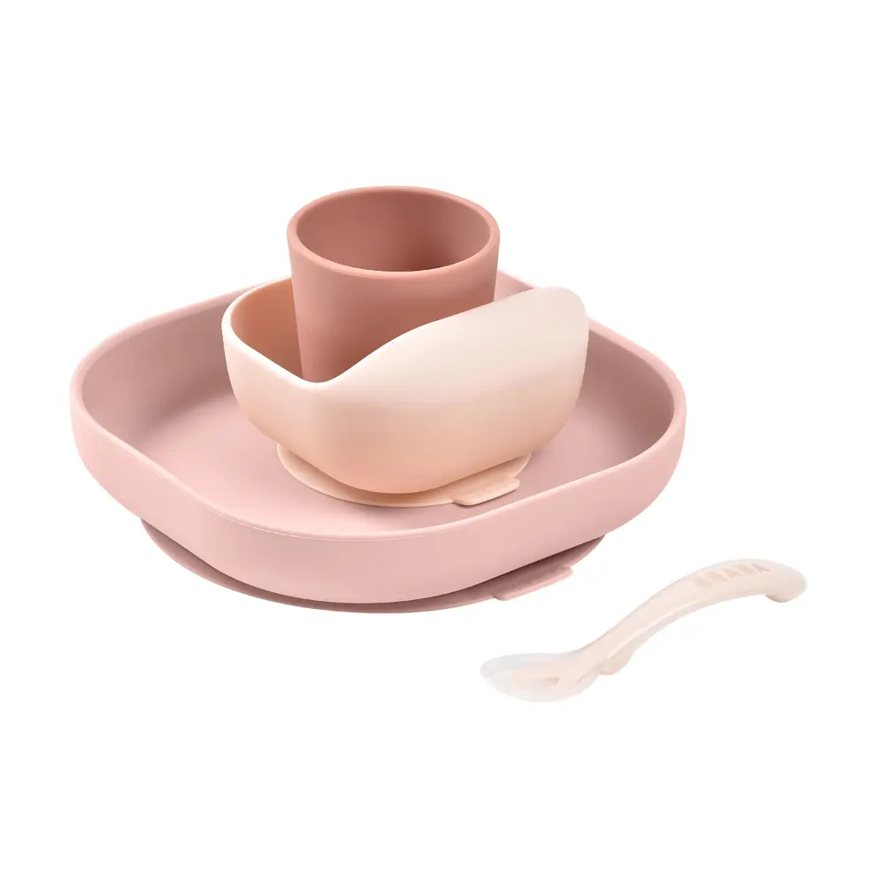 Beaba Silicone 4 Piece Baby Meal Set – Suction Plate, Suction Bowl, Anti-Slip Cup & 2nd Stage Spoon, Non-Slip, Unbreakable, Ergonomic Design, Easy to Clean, BPA-Free Baby Feeding Set for Mess-Free Mealtime Essentials, 4M+