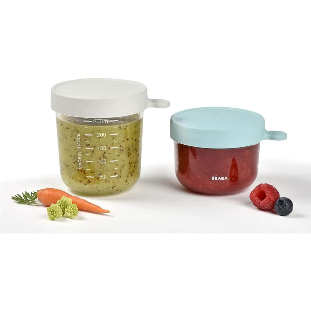 Beaba Glass Storage Jar - Airtight Container for Storing Baby Snacks and Meals with Graduation Measuring Scale, Heat, Freeze, Sterilization and Microwave Safe,  Set of 2, 150ML & 250ML