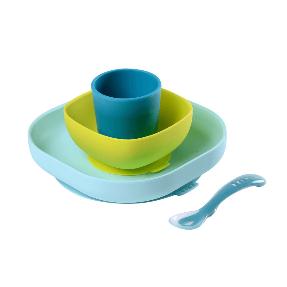 Beaba Silicone 4 Piece Baby Meal Set – Suction Plate, Suction Bowl, Anti-Slip Cup & 2nd Stage Spoon, Non-Slip, Unbreakable, Easy to Clean, BPA-Free Baby Feeding Set for Mess-Free Mealtime Essentials, 4M+