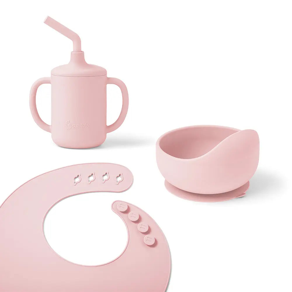 Ergobaby Intro Mealset with Silicone Bib, Suction Bowl and a 3-in-1 Straw Cup, Food Grade Silicone, BPA Free, Ergonomic Design, Unbreakable, 4m+