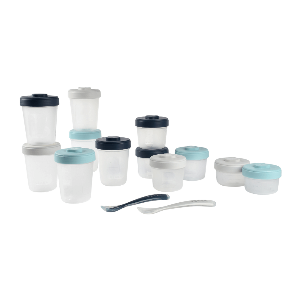 Beaba Expert Food Storage Set - Airtight Interlocking Containers for Baby & Toddler Meals with Graduation Scale, Microwave & Freezer Safe, Set of 14 (2 x 90ML, 4 x 150ML, 6 x 250ML & 2 Spoons)