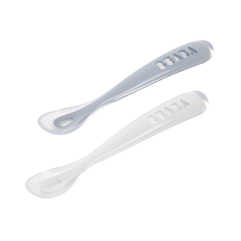 Beaba 1st Stage Silicone Spoon - Set of 2, Baby Led Weaning Self Feeding Training Spoon with Ultra Soft Tip, Gum Friendly, Ergonomic Handles, BPA Free, 4m+