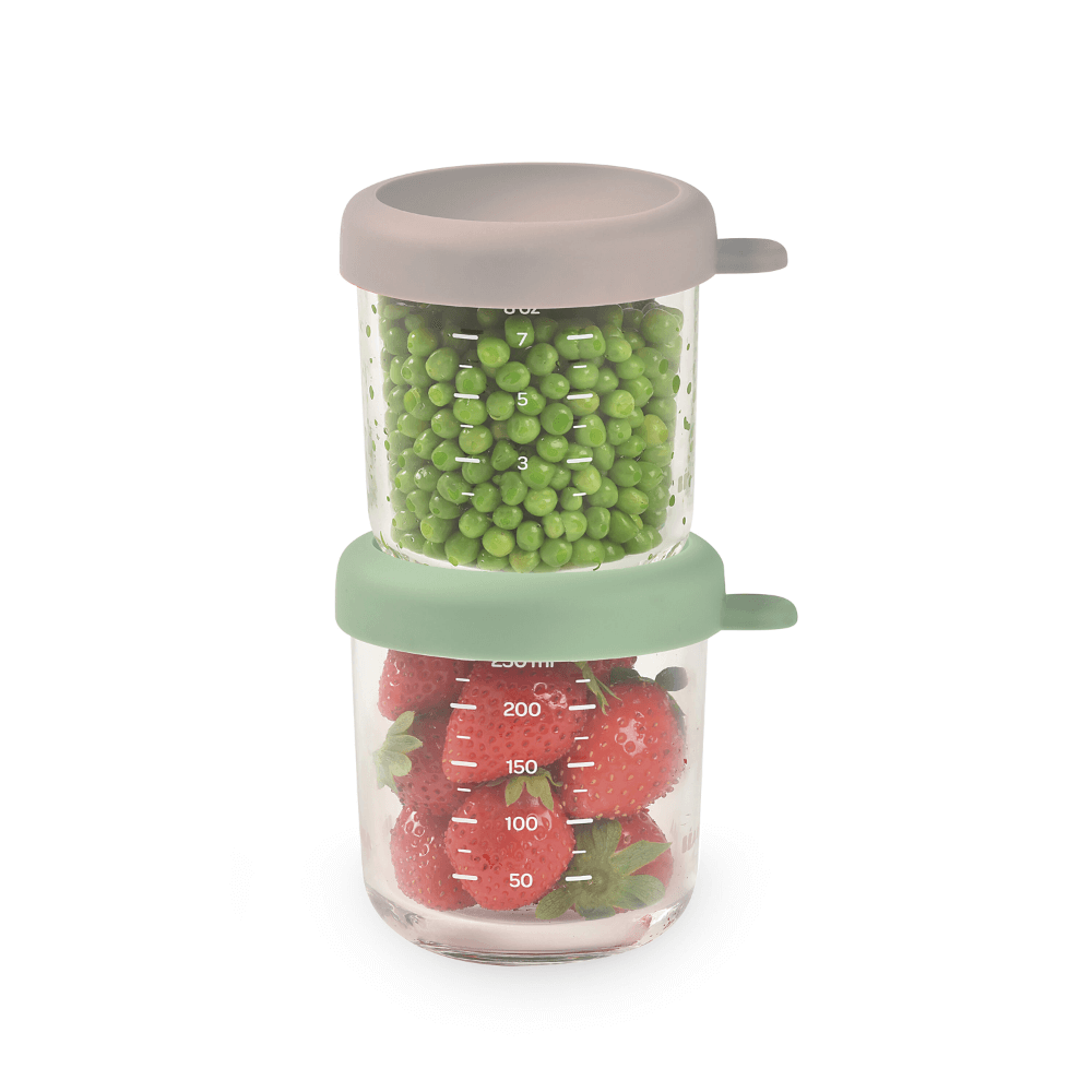 Beaba Glass Storage Container - Airtight Jar for Storing Baby Snacks and Meals with Graduation Measuring Scale, Heat, Freeze, Sterilization, and Microwave Safe, 250ML, Set of 2