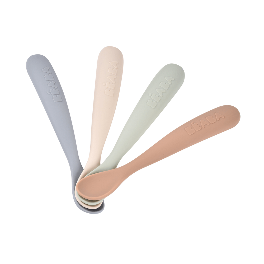Beaba 1st Stage Silicone Spoon - Set of 4, Baby Led Weaning Self Feeding Training Spoon with Ultra Soft Tip, Gum Friendly, Ergonomic Handles, BPA Free, Natural, 4m+