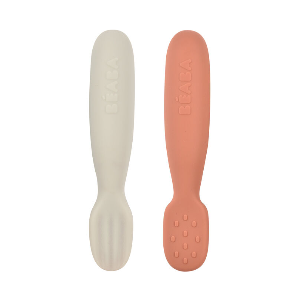Beaba Set of 2 Silicone Pre-Feeding Spoons for Baby and Infants - Textured Tip + Flat Tip, Gentle on Gums, Short and Round Ergonomic Handle, Soft Food Grade Silicone, 4m+