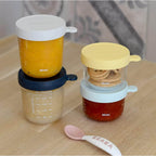 Beaba Glass Storage Container - Ideal Airtight Container for Storing Baby Snacks and Meals with Graduation Measuring Scale, Heat, Freeze, Sterilization, and Microwave Safe, 150ML*2 and 250ML*2, Set of 4