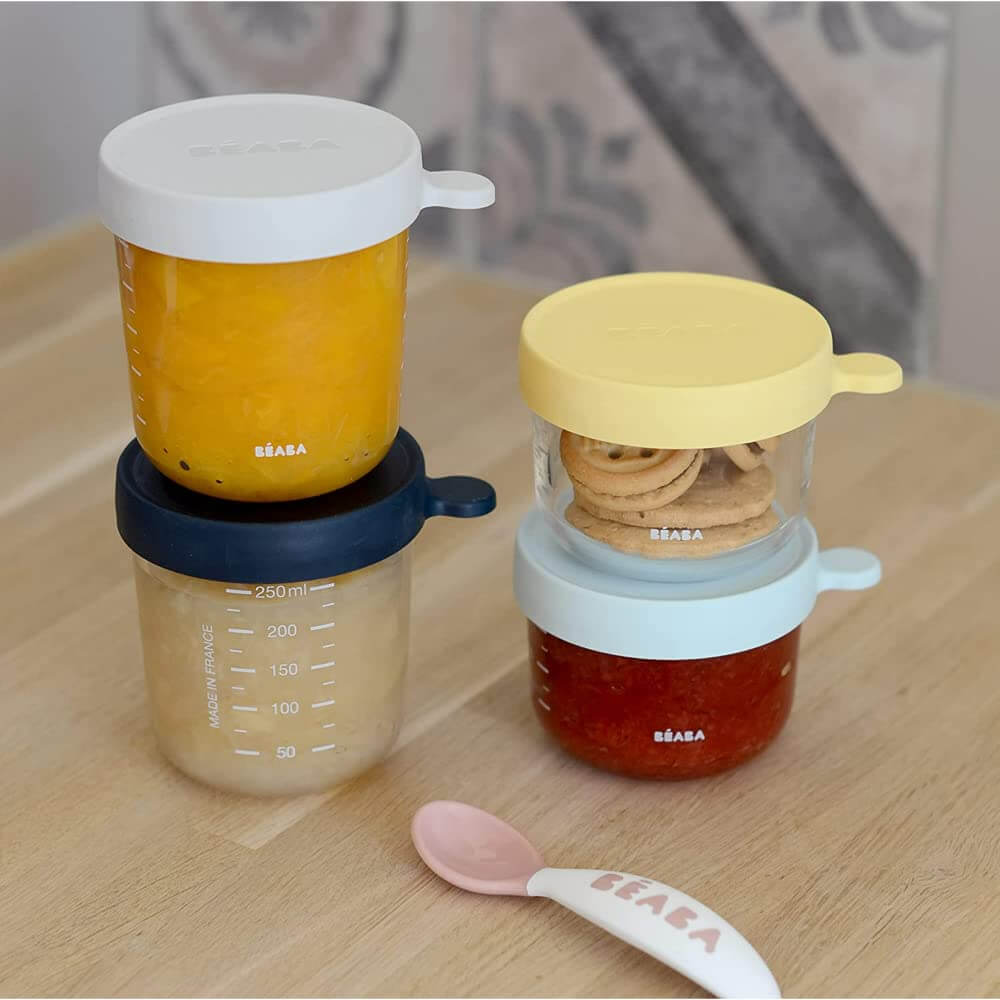 Beaba Glass Storage Container - Ideal Airtight Container for Storing Baby Snacks and Meals with Graduation Measuring Scale, Heat, Freeze, Sterilization, and Microwave Safe, 150ML*2 and 250ML*2, Set of 4