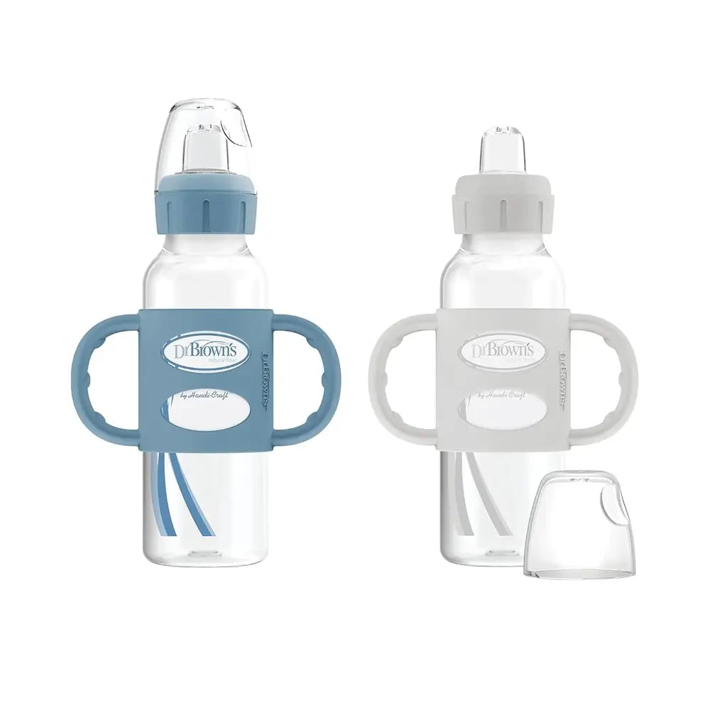 Dr. Brown's 8 oz/250 mL Narrow Sippy Spout Bottle w/ Silicone Handles, Lt Blue & Lt Gray, 2-Pack
