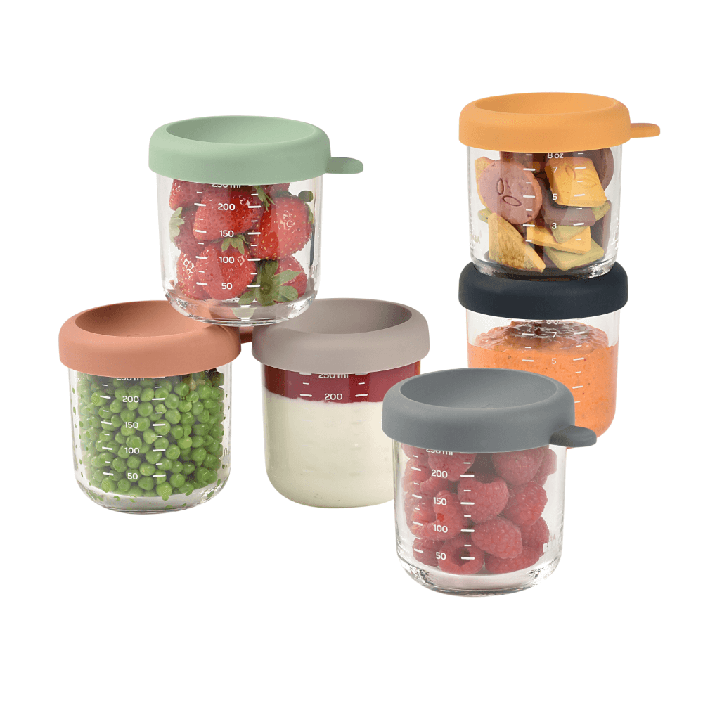 Beaba Glass Storage Container - Ideal Airtight Container for Storing Baby Snacks and Meals with Graduation Measuring Scale, Heat, Freeze, Sterilization, and Microwave Safe, 250ML, Set of 6