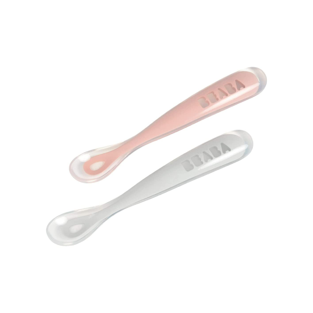Beaba 1st Stage Silicone Spoon - Set of 2, Baby Led Weaning Self Feeding Training Spoon with Ultra Soft Tip, Gum Friendly, Ergonomic Handles, BPA Free, 4m+
