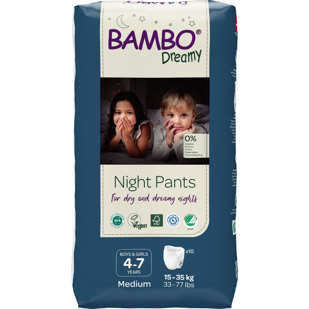 Bambo Nature Premium Dreamy Night Pants - Ultra Flexible Waistband, Ultra Absorbent Core Keeps Child And Bed Dry All Night, Pull Up Diaper, Soft, Breathable, All Round Protection, Kids 4-7, 15-35kg, 10 Count