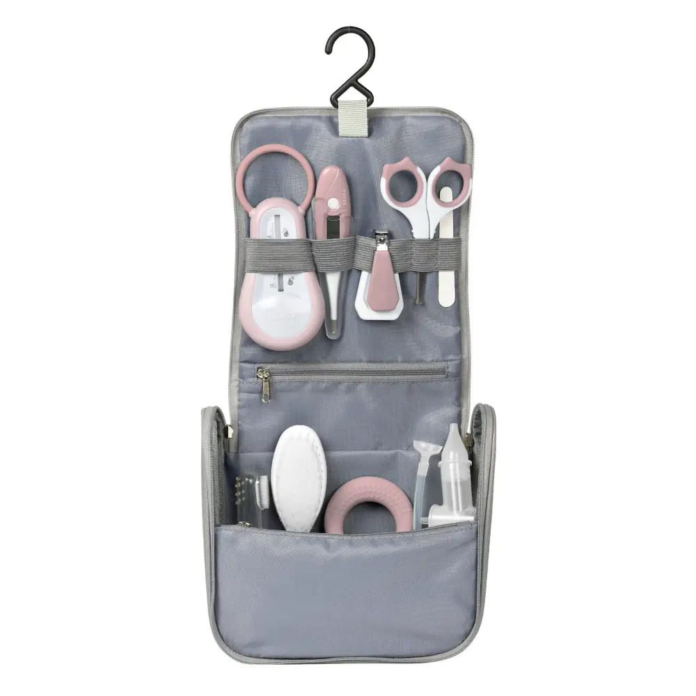 Beaba 9 Baby Toiletry & Grooming Essentials, Includes Thermometer, Hairbrush, Nail Clippers, Nasal Aspirator, Gum Massaging Toothbrush, Teether Baby Scissors, Bath Thermometer, Nail File, and Multi-Compartment Travel Pouch