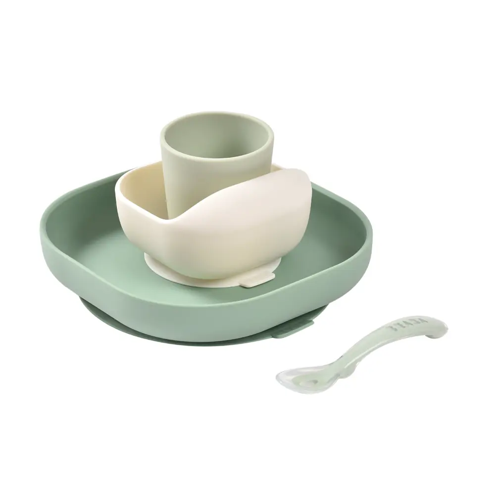 Beaba Silicone 4 Piece Baby Meal Set – Suction Plate, Suction Bowl, Anti-Slip Cup & 2nd Stage Spoon, Non-Slip, Unbreakable, Ergonomic Design, Easy to Clean, BPA-Free Baby Feeding Set for Mess-Free Mealtime Essentials, 4M+