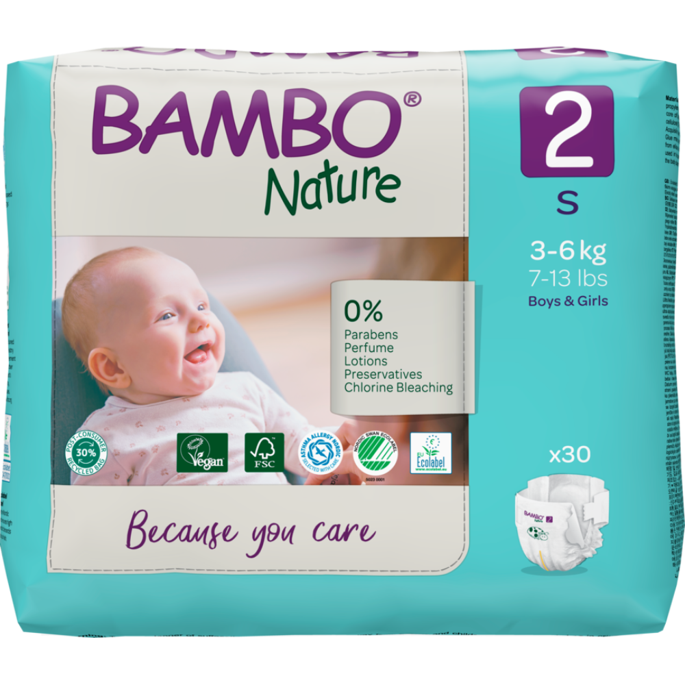 Bambo Nature Premium Baby Tape Diapers for New Born Baby, S Size (3-6 Kgs) - Super Absorbent, Breathable, Extra Soft, Dermatologically Tested, Hypoallergenic Nappies With A Wetness Indicator, 30 Count