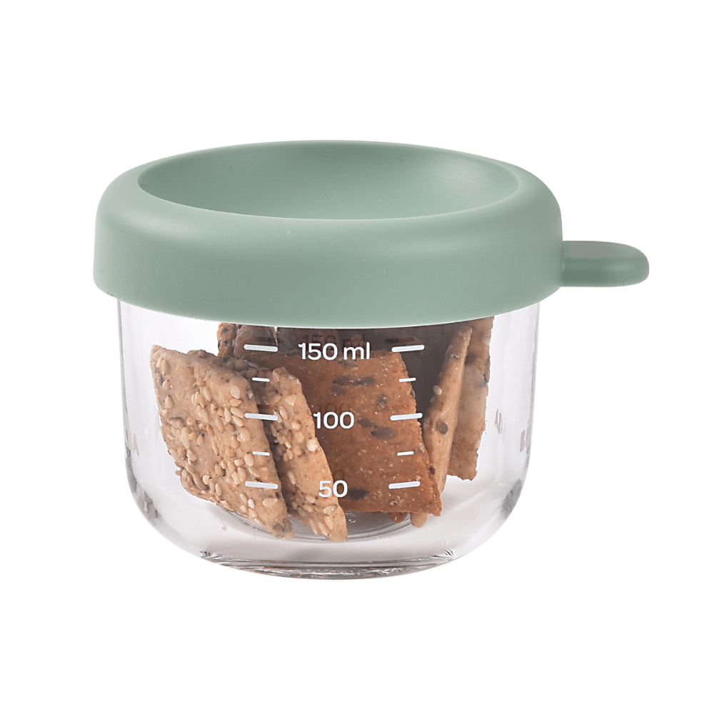 Beaba Glass Storage Container - Ideal Airtight Container for Storing Baby Snacks and Meals with Graduation Measuring Scale, Heat, Freeze, Sterilization, and Microwave Safe, 150ML