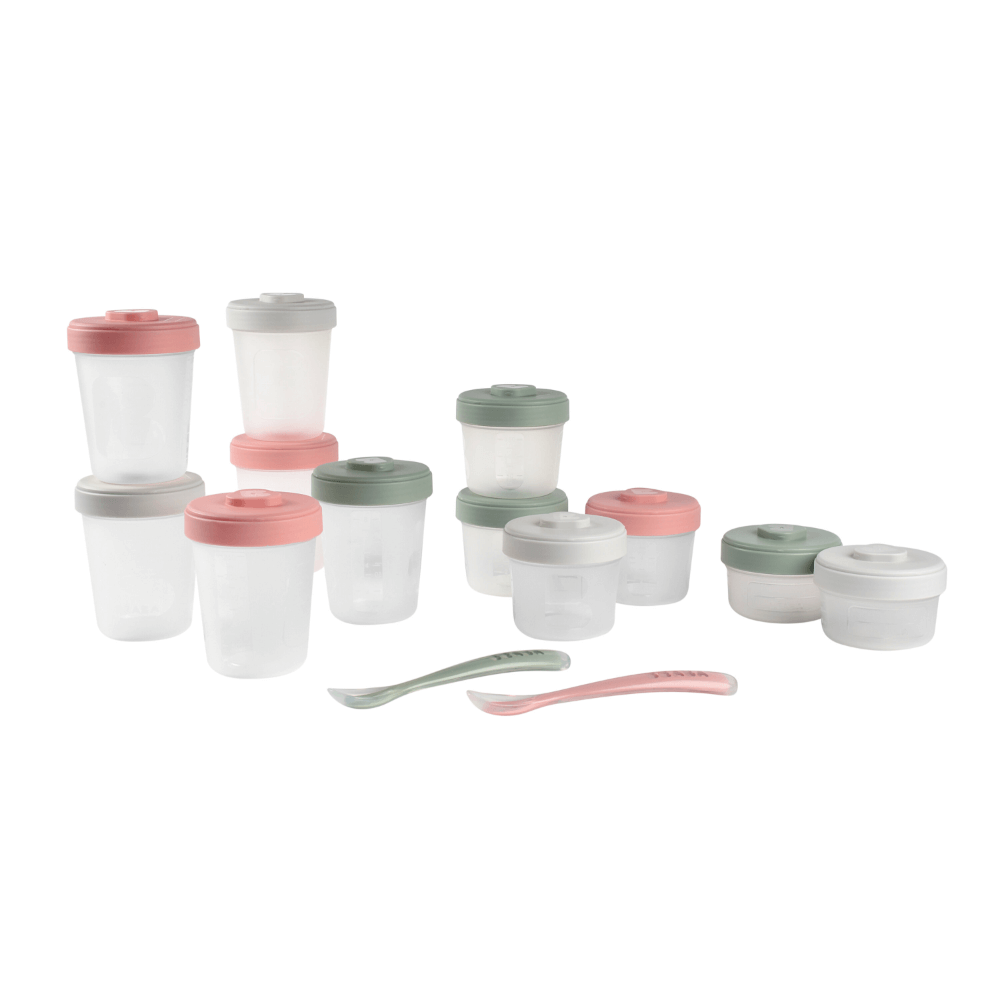 Beaba Expert Food Storage Set - Airtight Interlocking Containers for Baby & Toddler Meals with Graduation Scale, Microwave & Freezer Safe, Set of 14 (2 x 90ML, 4 x 150ML, 6 x 250ML & 2 Spoons)