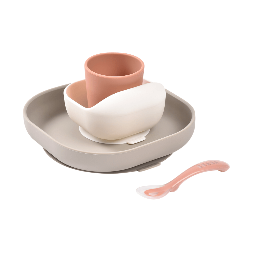 Beaba Silicone 4 Piece Baby Meal Set – Suction Plate, Suction Bowl, Anti-Slip Cup & 2nd Stage Spoon, Non-Slip, Unbreakable, Ergonomic Design, Easy to Clean, BPA-Free Baby Feeding Set for Mess-Free Mealtime Essentials, 4M+