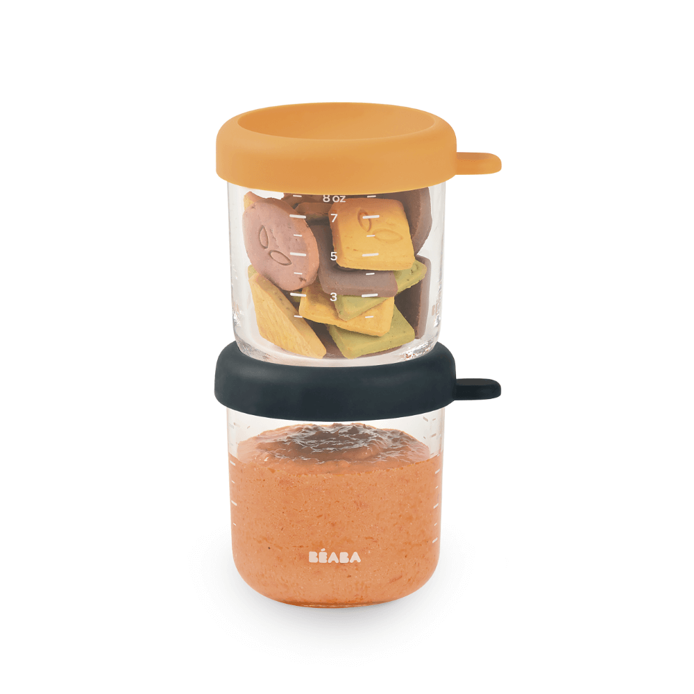 Beaba Glass Storage Container - Airtight Jar for Storing Baby Snacks and Meals with Graduation Measuring Scale, Heat, Freeze, Sterilization, and Microwave Safe, 250ML, Set of 2