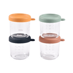 Beaba Glass Storage Container - Ideal Airtight Container for Storing Baby Snacks and Meals with Graduation Measuring Scale, Heat, Freeze, Sterilization, and Microwave Safe, 250ML, Set of 4, Sunrise
