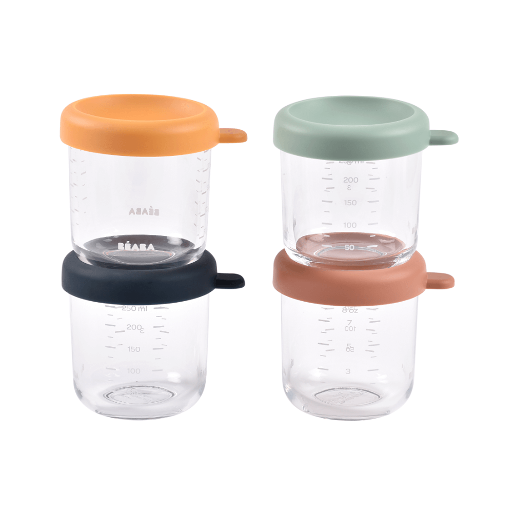 Beaba Glass Storage Container - Ideal Airtight Container for Storing Baby Snacks and Meals with Graduation Measuring Scale, Heat, Freeze, Sterilization, and Microwave Safe, 250ML, Set of 4, Sunrise