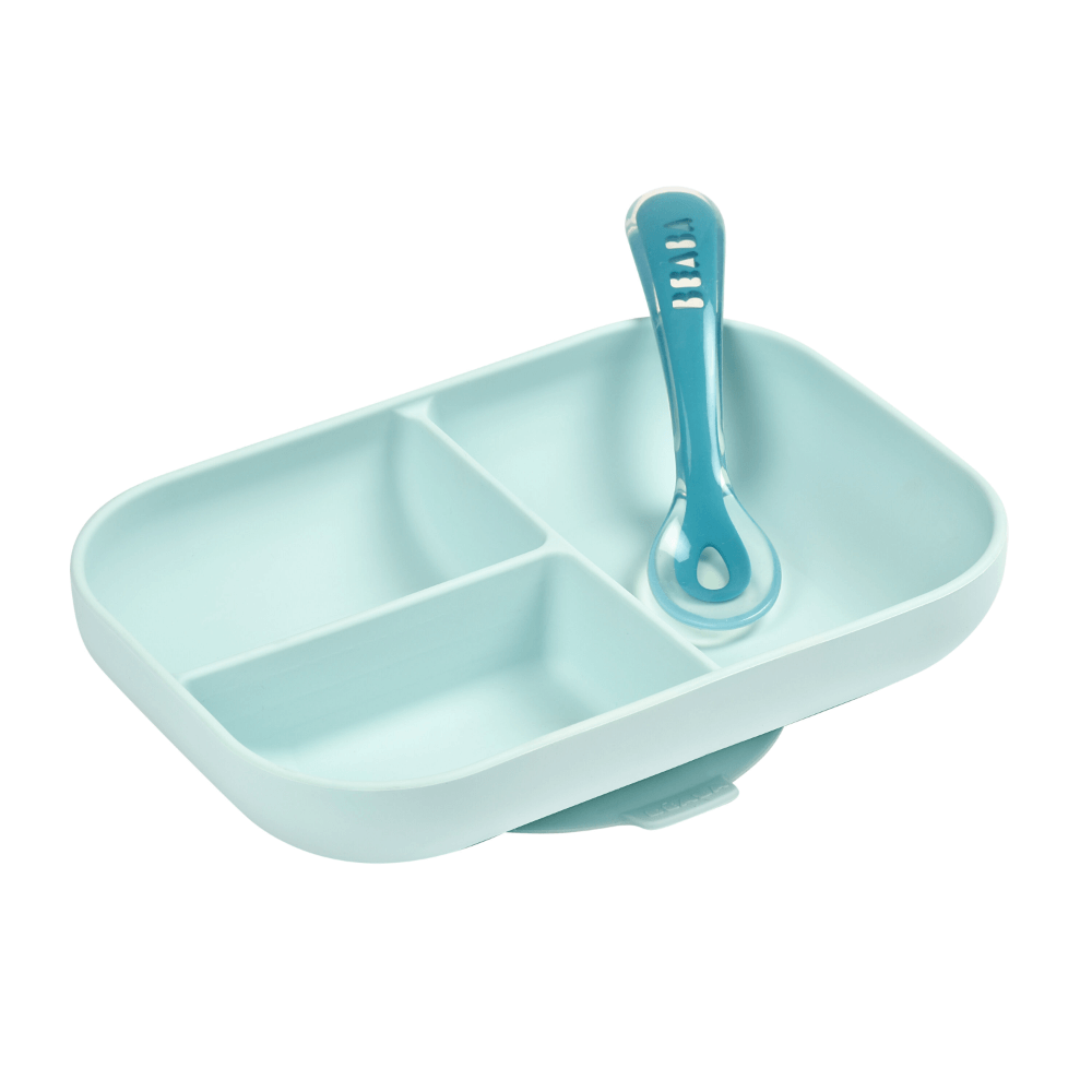 Beaba Silicone 2 Piece Meal Set – Suction Divided Plate & 2nd Stage Silicone Spoon, Non-Slip, Unbreakable, Easy to Clean, BPA-Free Baby Feeding Set for Mess-Free Mealtime Essentials, 4M+
