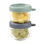 Beaba Glass Storage Jar - Airtight Container for Storing Baby Snacks and Meals with Graduation Measuring Scale, Heat, Freeze, Sterilization and Microwave Safe, 150ML, Set of 2, Sage Green & Mineral
