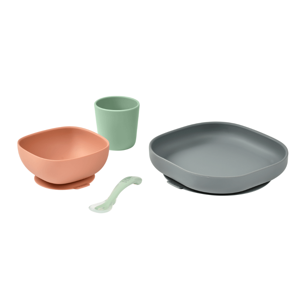 Beaba Silicone 4 Piece Baby Meal Set – Suction Plate, Suction Bowl, Anti-Slip Cup & 2nd Stage Spoon, Non-Slip, Unbreakable, Easy to Clean, BPA-Free Baby Feeding Set for Mess-Free Mealtime Essentials, 4M+
