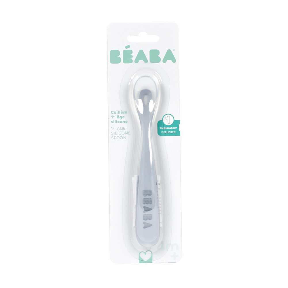 Beaba 1st Stage Silicone Spoon - Baby Led Weaning Self Feeding Training Spoon with Ultra Soft Tip, Gum Friendly, Ergonomic Handles, BPA Free, 4m+