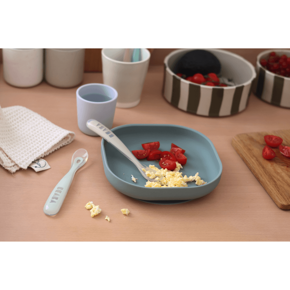 Beaba 1st Stage Silicone Spoon - Set of 2, Baby Led Weaning Self Feeding Training Spoon with Ultra Soft Tip, Gum Friendly, Ergonomic Handles, BPA Free, 4m+