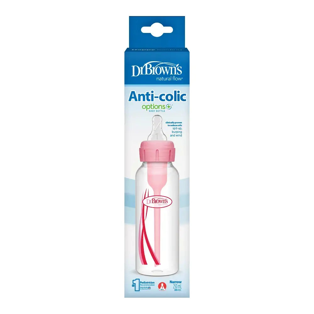 Dr. Brown's Natural Flow Anti-Colic Options+ Narrow Baby Bottle, 8 oz/250 ml, Pink, 1-Pack
