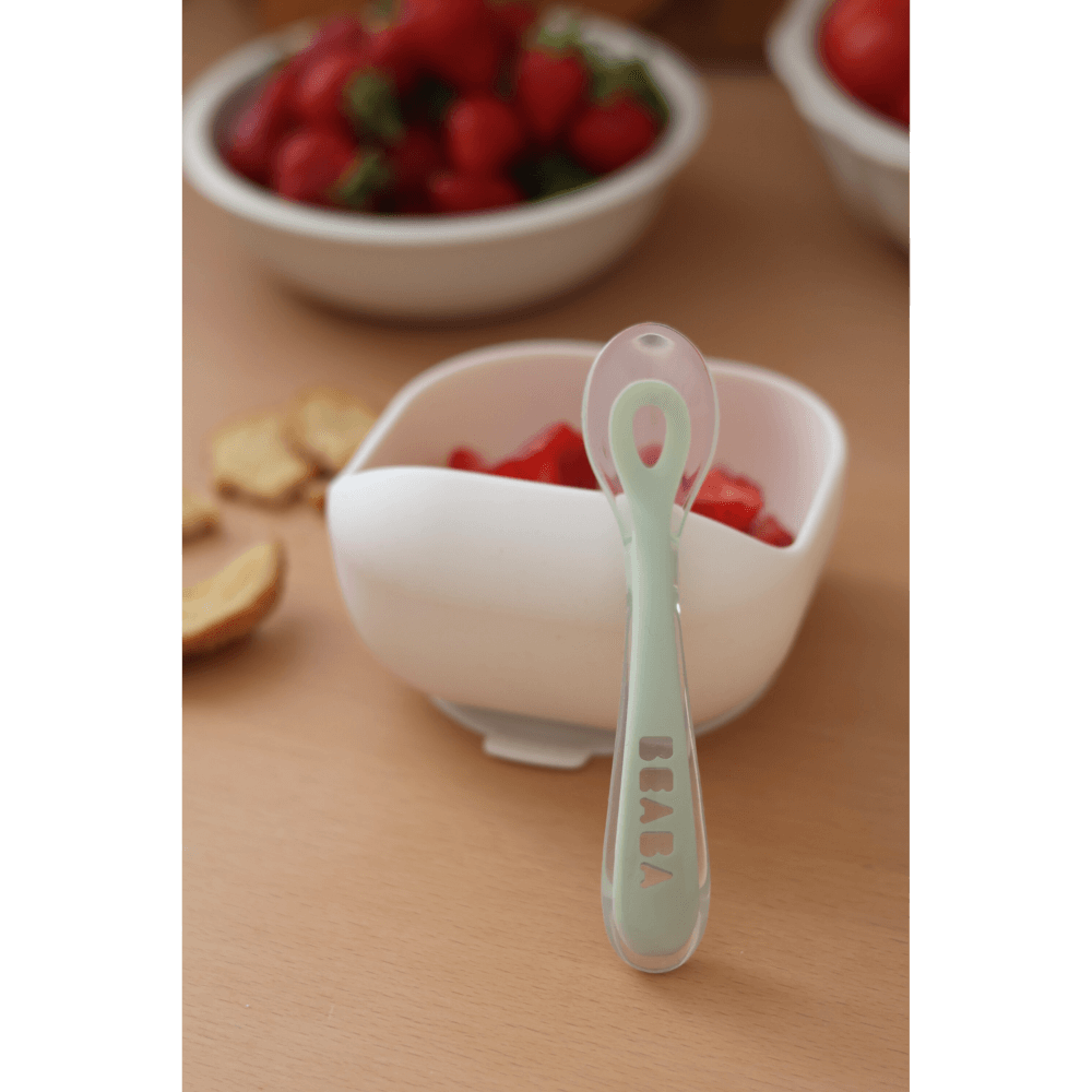 Beaba 2nd Stage Silicone Spoon - Baby Led Weaning Self Feeding Training Spoon with Ultra Soft Tip, Gum Friendly, Ergonomic Handles, BPA Free, 8m+