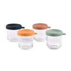 Beaba Glass Storage Container - Ideal Airtight Container for Storing Baby Snacks and Meals with Graduation Measuring Scale, Heat, Freeze, Sterilization, and Microwave Safe, 250ML, Set of 4, Sunrise
