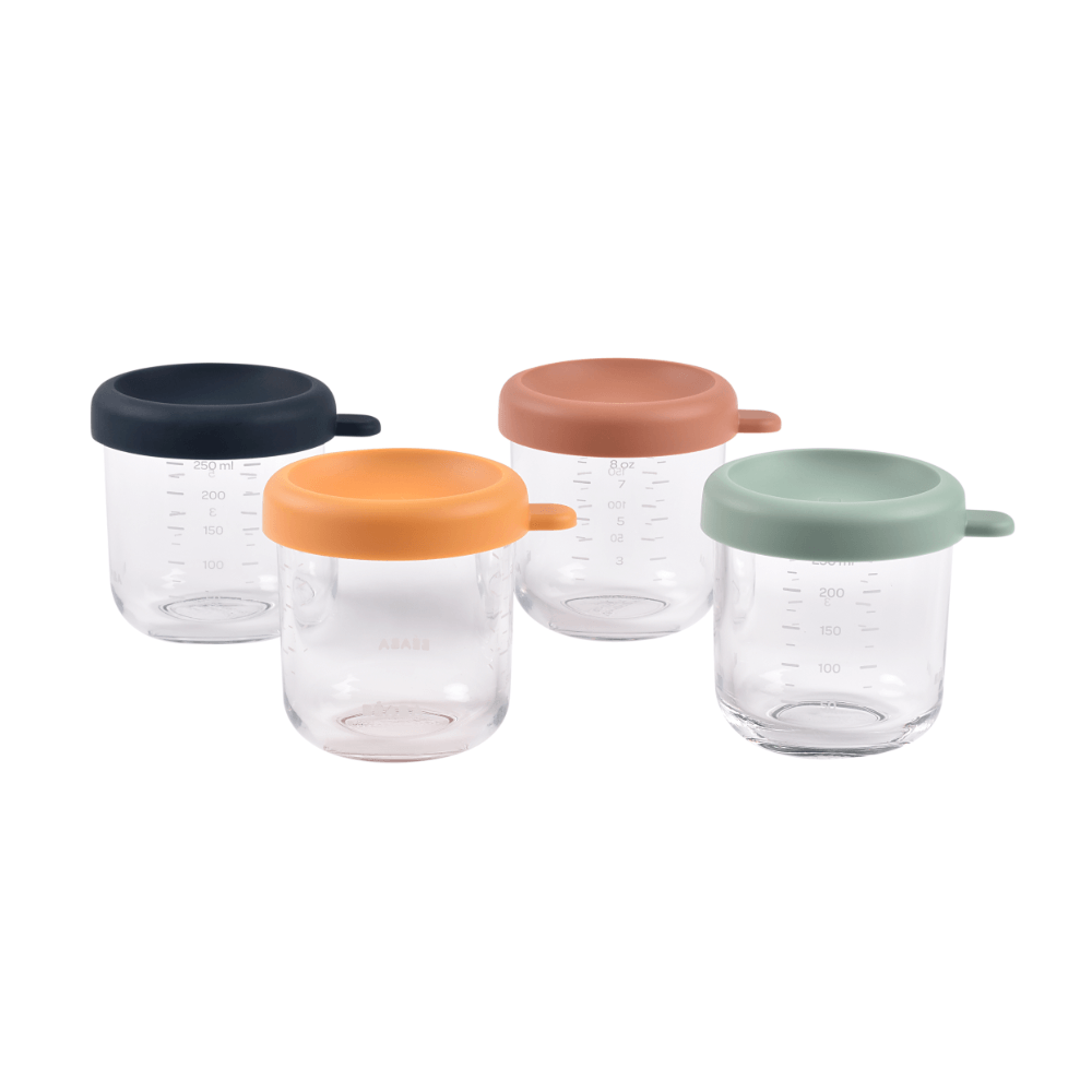 Beaba Glass Storage Container - Ideal Airtight Container for Storing Baby Snacks and Meals with Graduation Measuring Scale, Heat, Freeze, Sterilization, and Microwave Safe, 250ML, Set of 4, Sunrise
