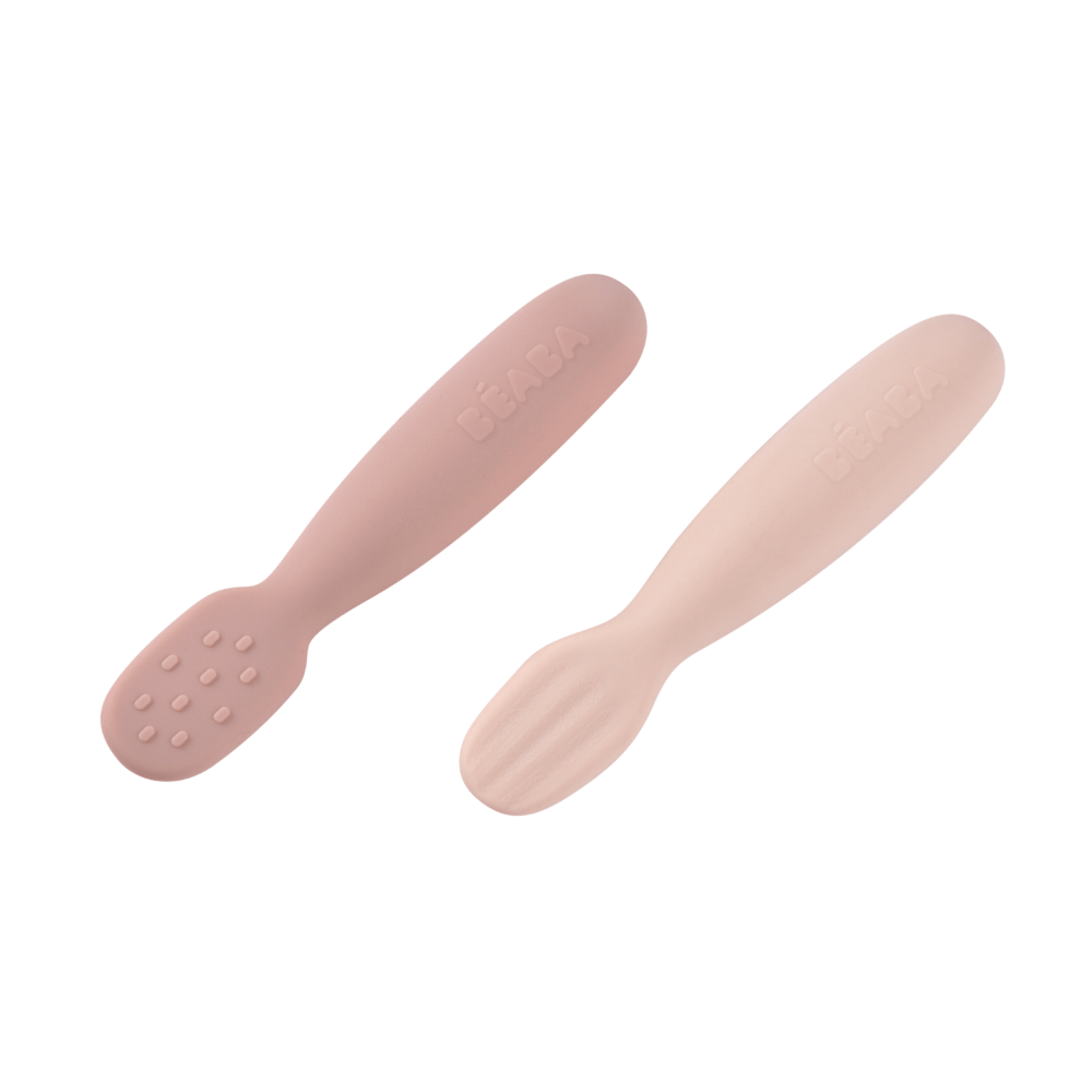 Beaba Set of 2 Silicone Pre-Feeding Spoons for Baby and Infants - Textured Tip + Flat Tip, Gentle on Gums, Short and Round Ergonomic Handle, Soft Food Grade Silicone, 4m+