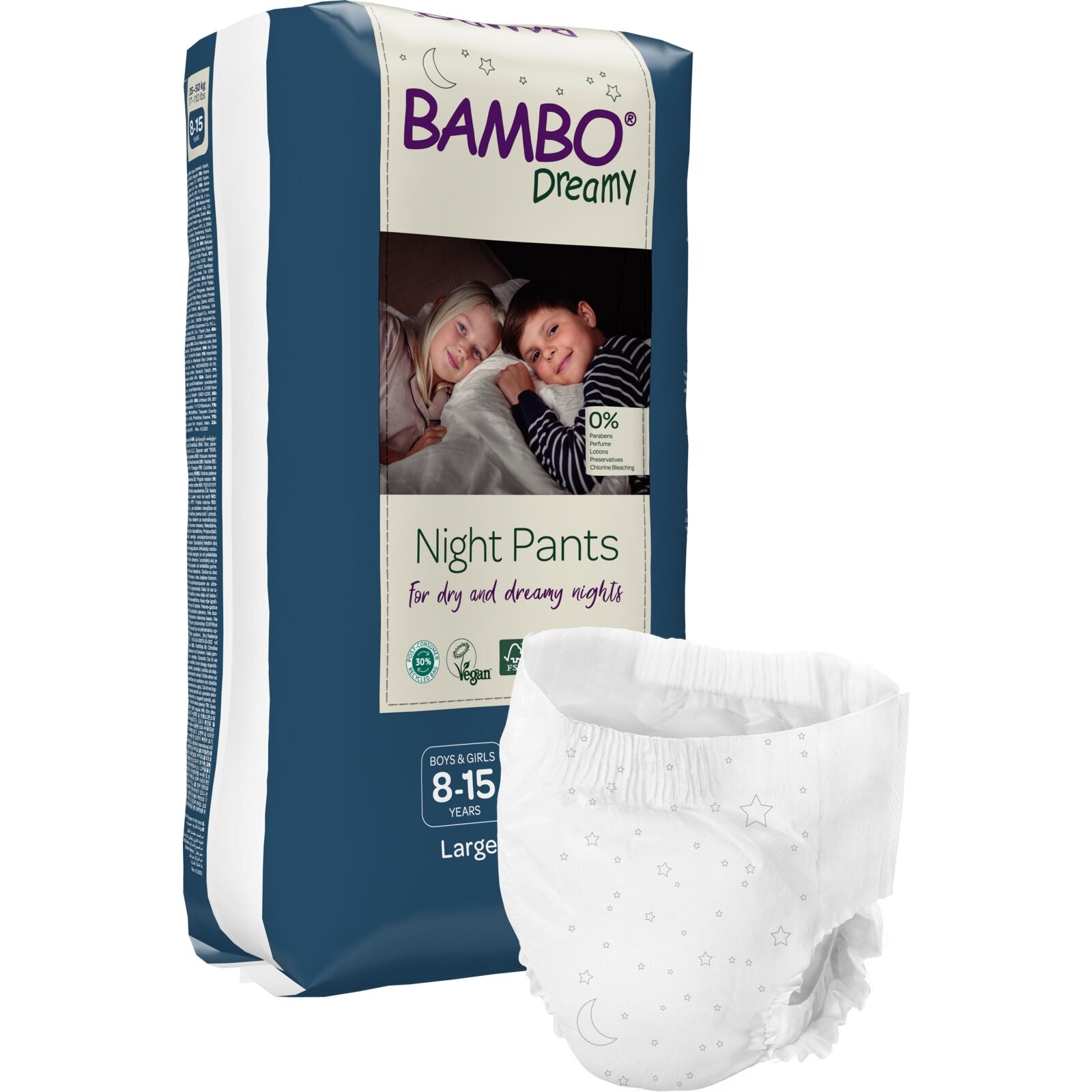 Bambo Nature Premium Dreamy Night Pants - Ultra Flexible Waistband, Ultra Absorbent Core Keeps Child And Bed Dry All Night, Pull Up Diaper, Soft, Breathable, All Round Protection, Kids 8-15, 35-50kg, 10 Count