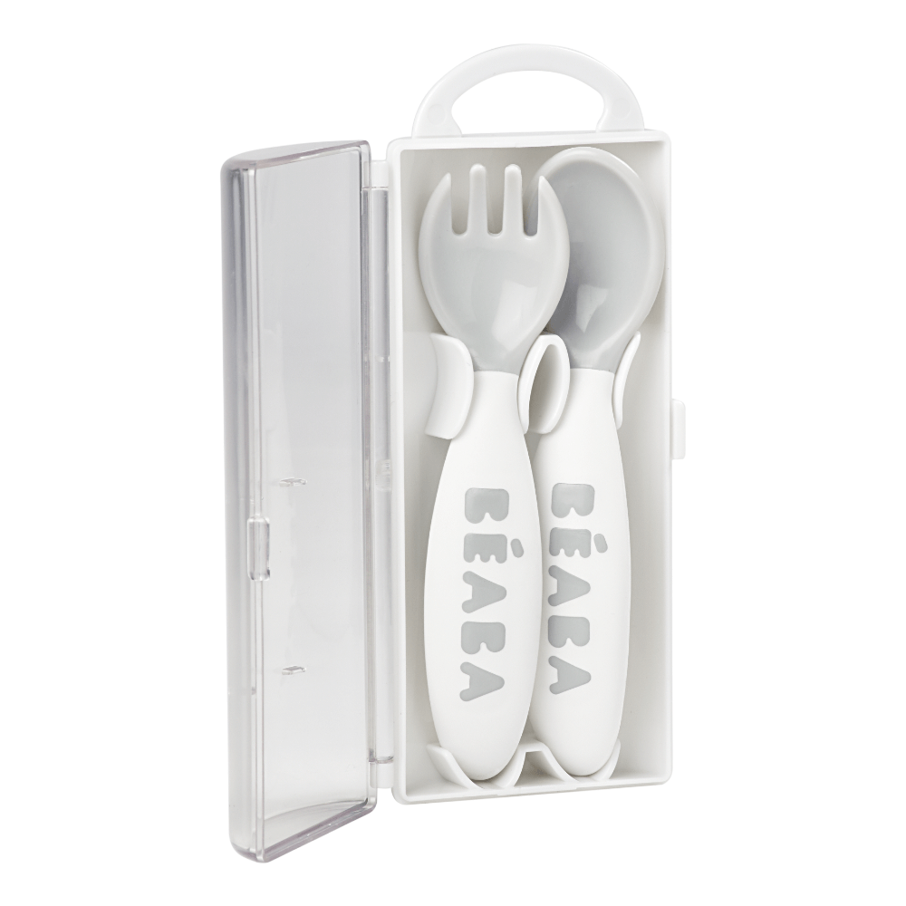 Beaba 2nd Stage Spoon and Fork Set - Baby Led Weaning Self Feeding Training Spoon and Fork with Ultra Soft Tip, Gum Friendly, Ergonomic Handles, BPA Free, 8m+