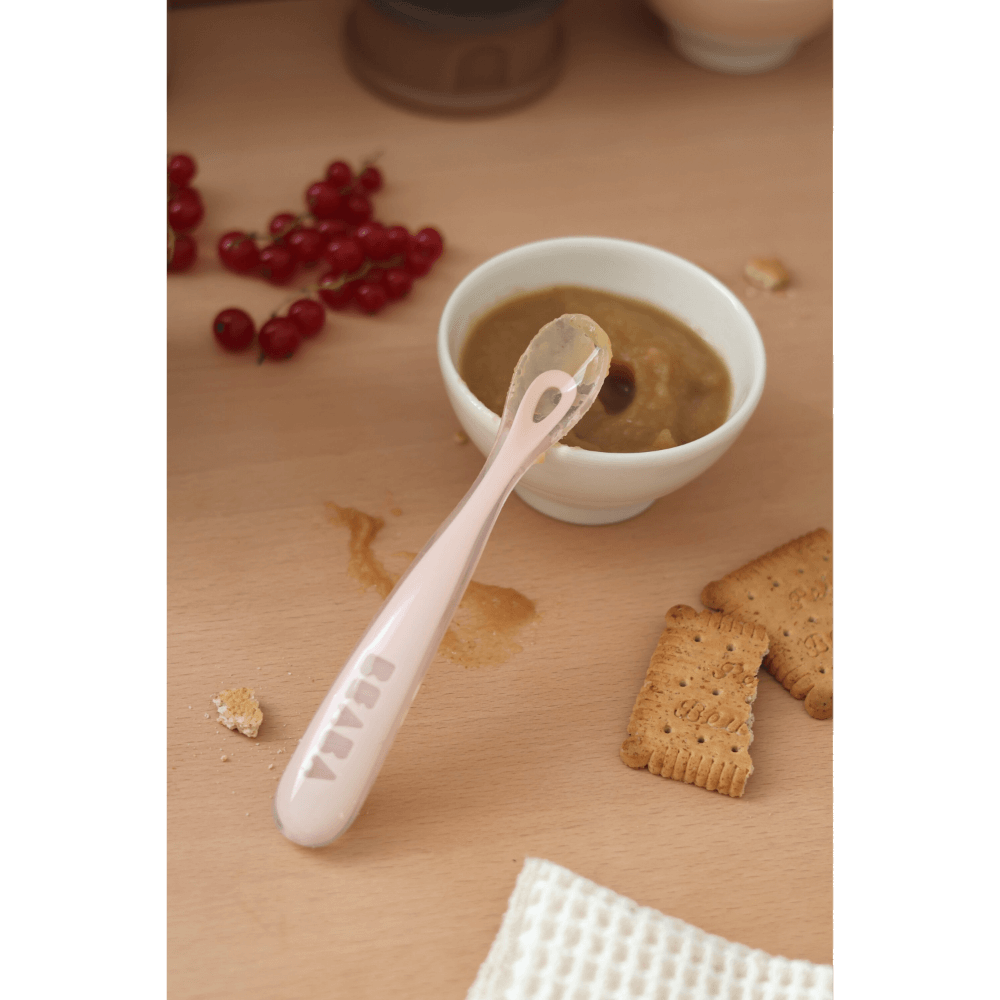 Beaba 1st Stage Silicone Spoon - Baby Led Weaning Self Feeding Training Spoon with Ultra Soft Tip, Gum Friendly, Ergonomic Handles, BPA Free, 4m+