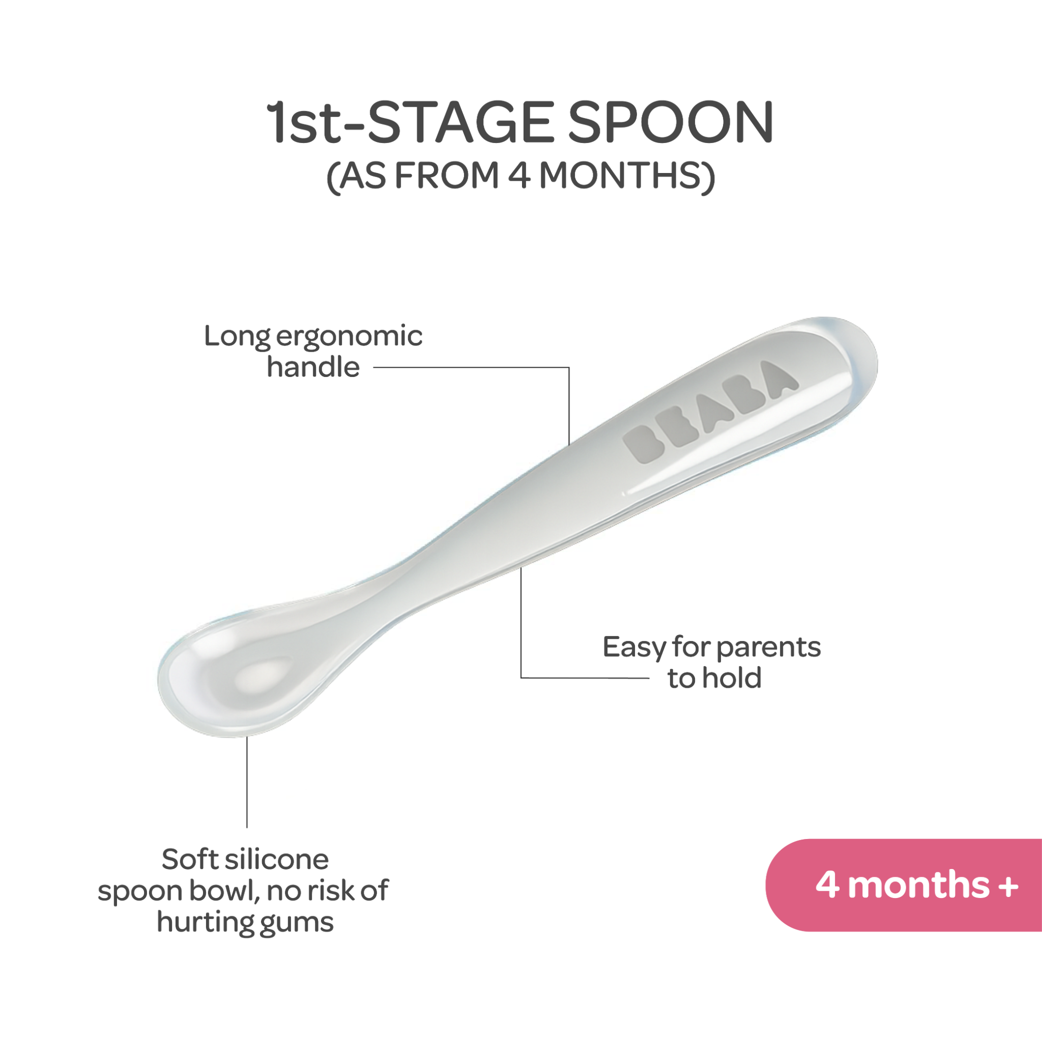 Beaba 1st Stage Silicone Spoon - Baby Led Weaning Self Feeding Training Spoon with Ultra Soft Tip, Gum Friendly, Ergonomic Handles, BPA Free, 4m+